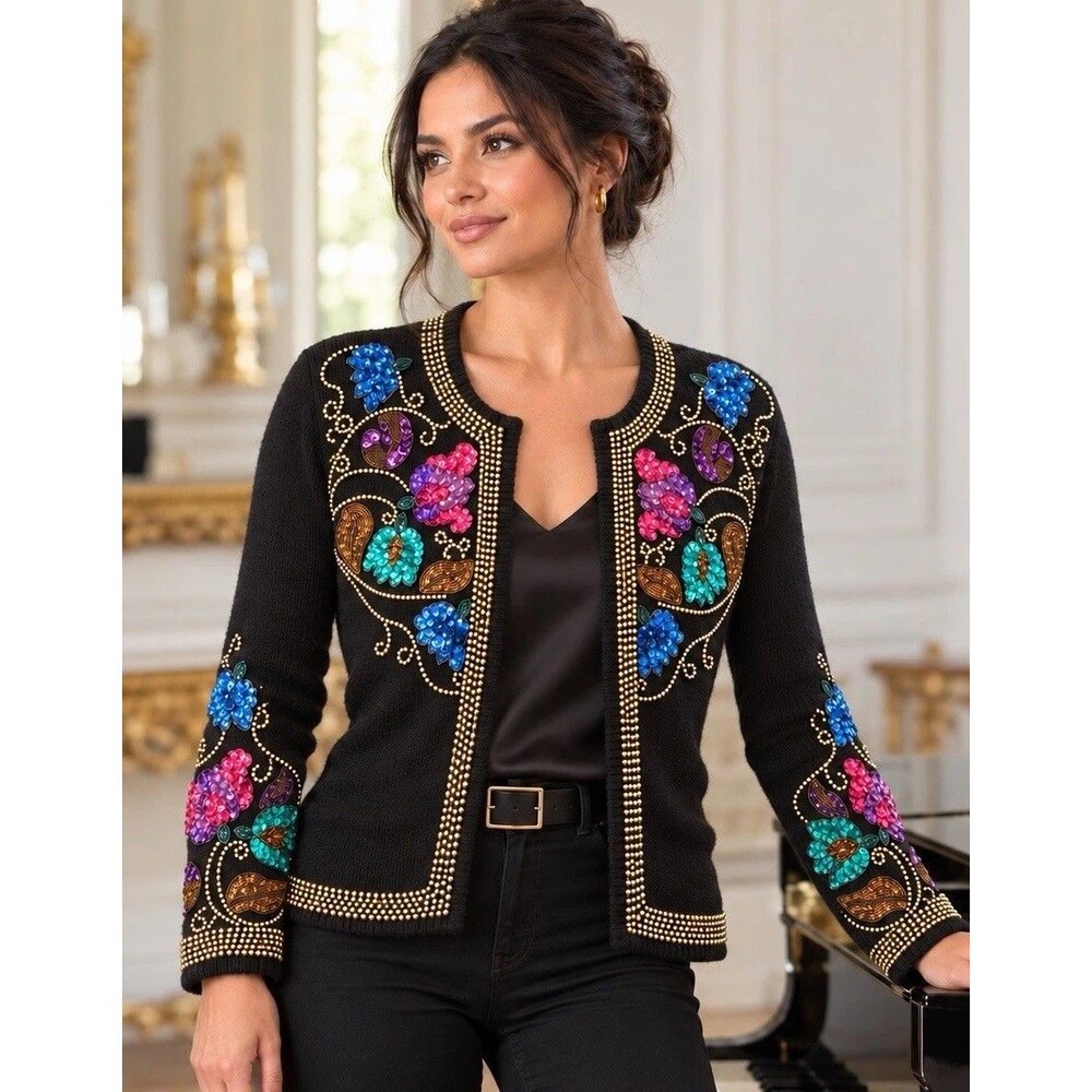 Vtg. 80s/90s Ann Wi Cottagecore Beaded Sequin Cardigan Embellished Sz Lg READ